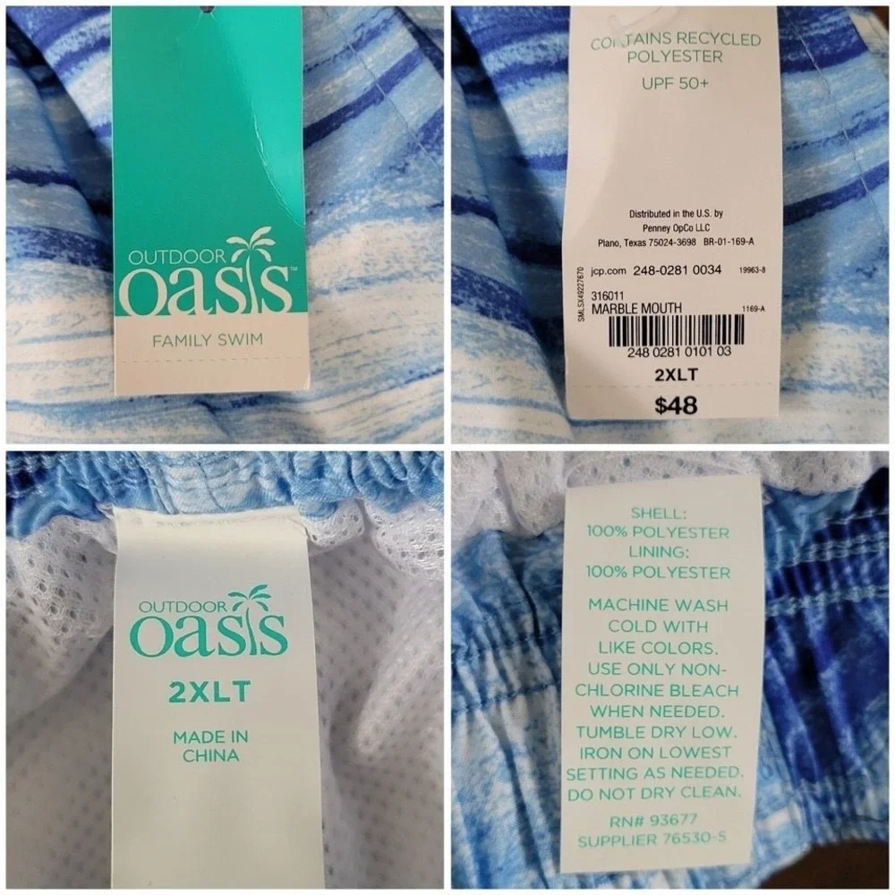 NWT Outdoor Oasis Mens Swim Trunks Shorts Size 2XLT Big & Tall Blue White Marble